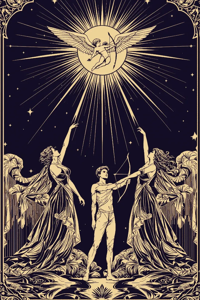 La carte L’Amoureux, arcane VI du Tarot de Marseille, illustrée en or sur fond nuit