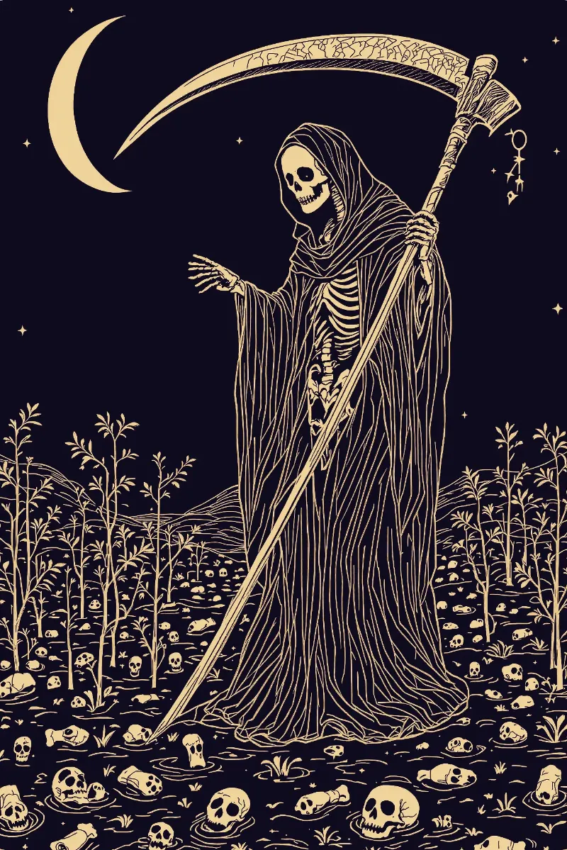 La carte L’Arcane sans nom, arcane XIII du Tarot de Marseille, illustrée en or sur fond nuit