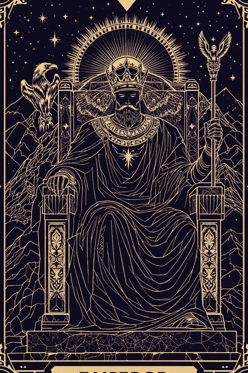 La carte L’Empereur, arcane IV du Tarot de Marseille, illustrée en or sur fond nuit