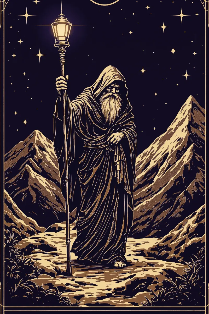 La carte L’Ermite, arcane IX du Tarot de Marseille, illustrée en or sur fond nuit
