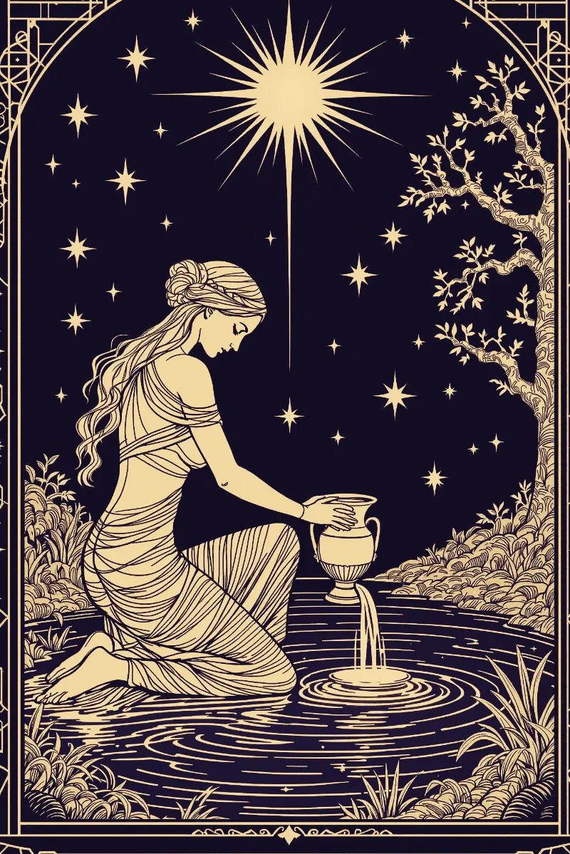 La carte L’Étoile, arcane XVII du Tarot de Marseille, illustrée en or sur fond nuit