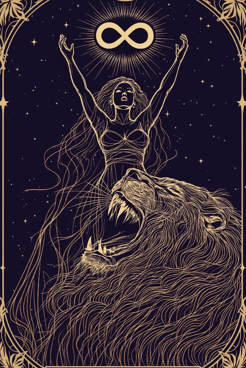 La carte La Force, arcane XI du Tarot de Marseille, illustrée en or sur fond nuit