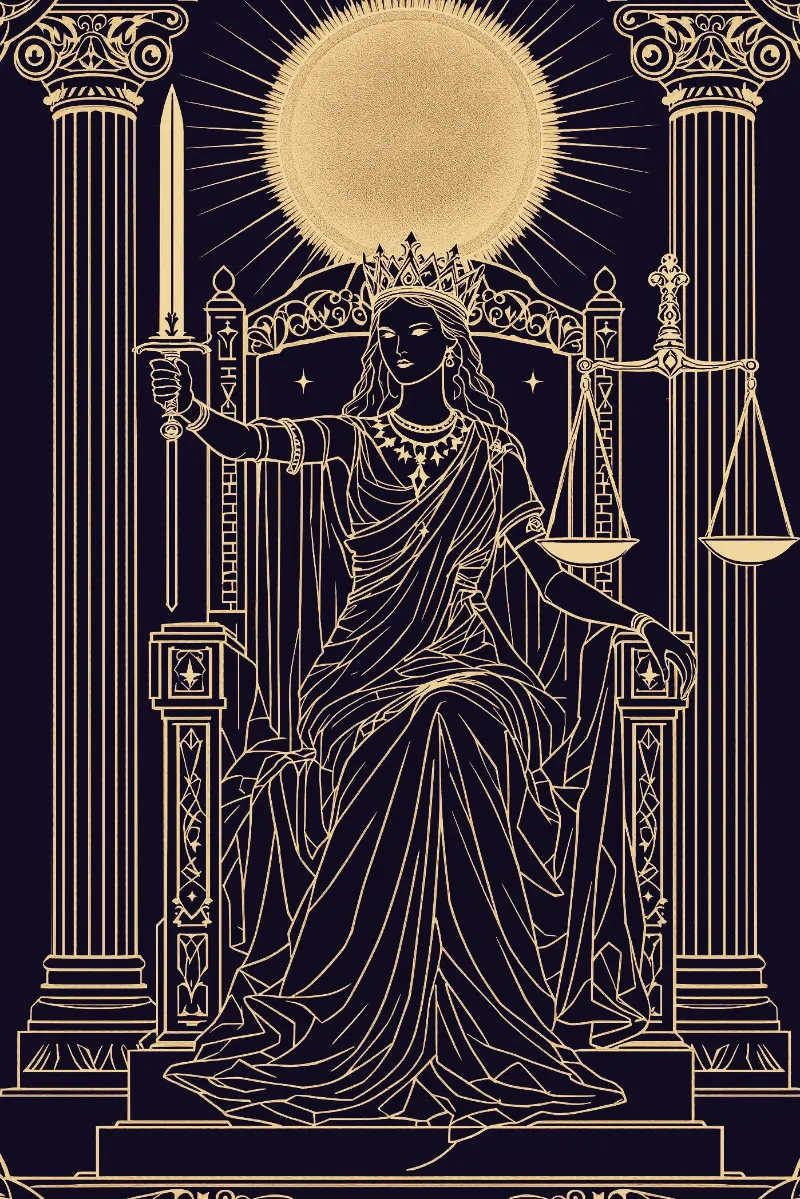La carte La Justice, arcane VIII du Tarot de Marseille, illustrée en or sur fond nuit