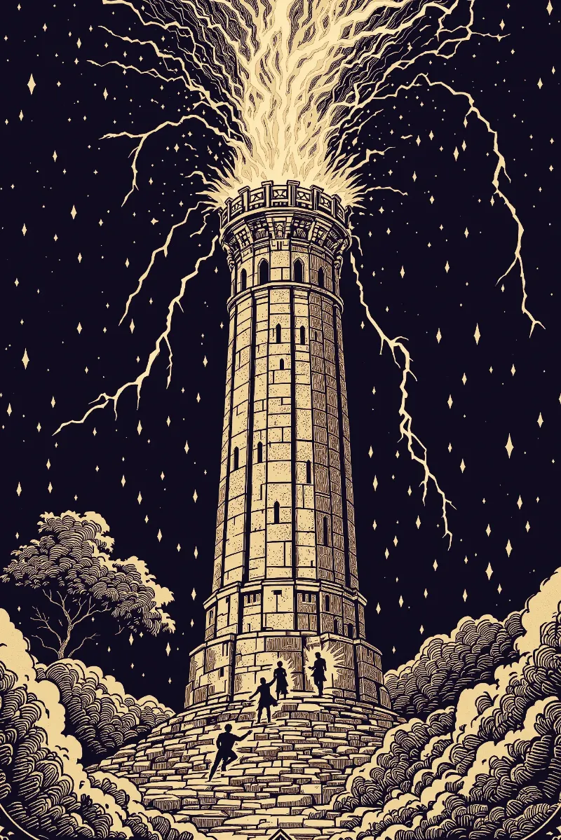 La carte La Maison-Dieu, arcane XVI du Tarot de Marseille, illustrée en or sur fond nuit