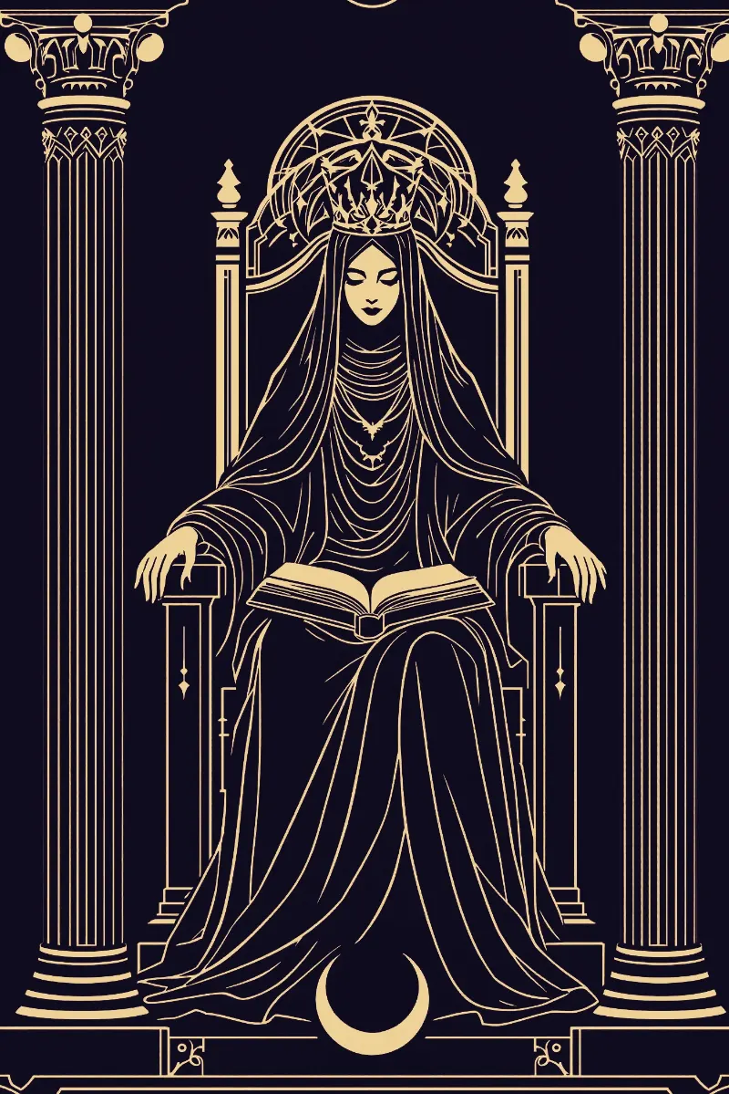 La carte La Papesse, arcane II du Tarot de Marseille, illustrée en or sur fond nuit