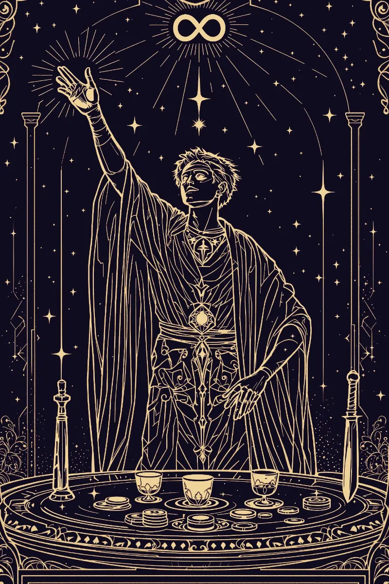 La carte Le Bateleur, arcane I du Tarot de Marseille, illustrée en or sur fond nuit