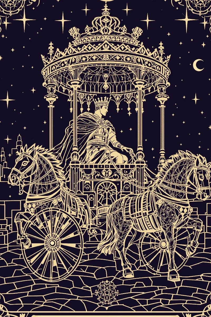 La carte Le Chariot, arcane VII du Tarot de Marseille, illustrée en or sur fond nuit