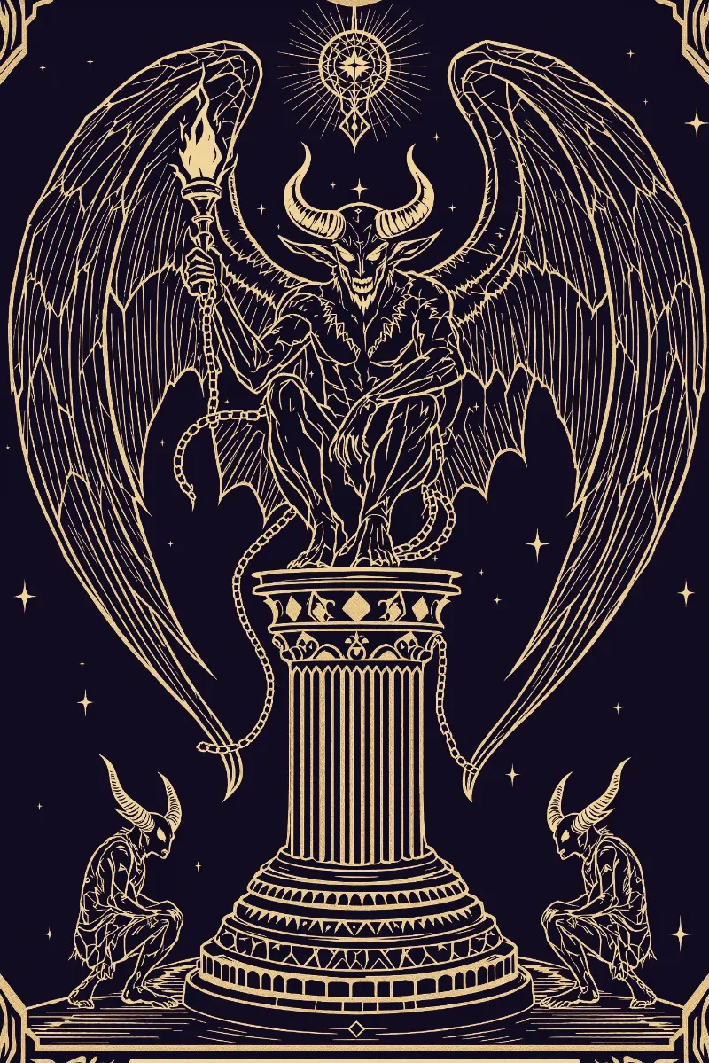 La carte Le Diable, arcane XV du Tarot de Marseille, illustrée en or sur fond nuit