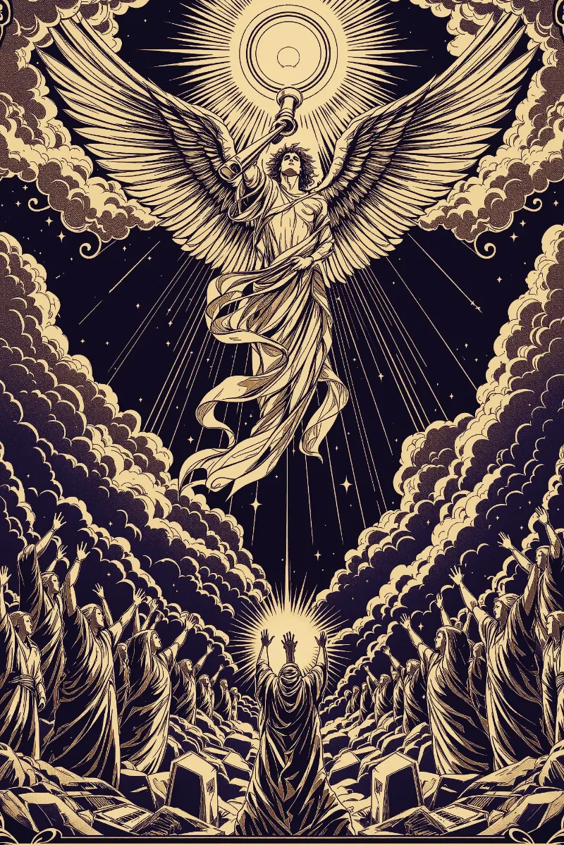 La carte Le Jugement, arcane XX du Tarot de Marseille, illustrée en or sur fond nuit