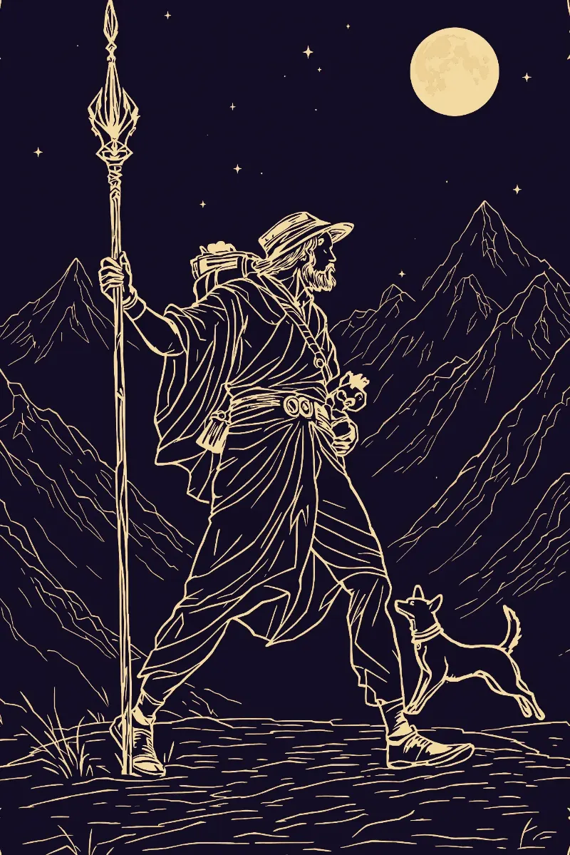 La carte Le Mat, arcane 0 du Tarot de Marseille, illustrée en or sur fond nuit