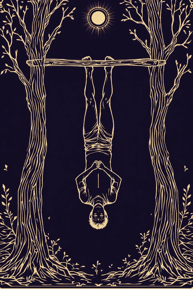 La carte Le Pendu, arcane XII du Tarot de Marseille, illustrée en or sur fond nuit
