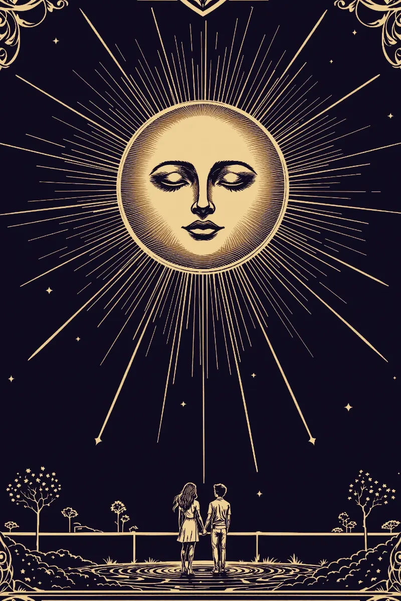 La carte Le Soleil, arcane XIX du Tarot de Marseille, illustrée en or sur fond nuit