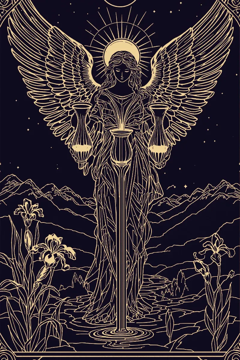 La carte Tempérance, arcane XIV du Tarot de Marseille, illustrée en or sur fond nuit